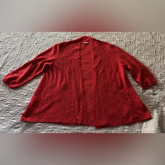 Eileen Fisher Open Front Cardigan Dark Coral Organic Linen & Cotton Slub Sz XL - Picture 2 of 7